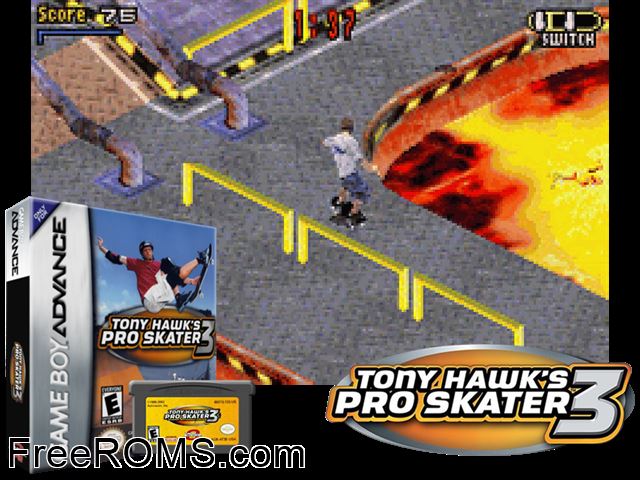 Tony Hawk's Pro Skater 3 Gameboy Advance game showing 3D box cover and gameplay screenshot