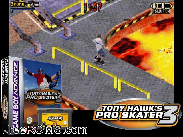 Tony Hawk's Pro Skater 3 (France) Gameboy Advance game showing 3D box cover and gameplay screenshot