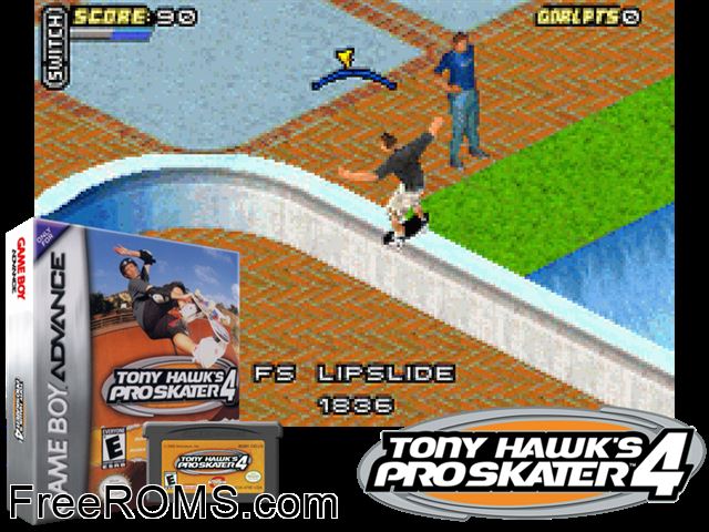 Tony Hawk's Pro Skater 4 Gameboy Advance game showing 3D box cover and gameplay screenshot