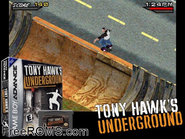 Tony Hawk's Underground Gameboy Advance game showing 3D box cover and gameplay screenshot