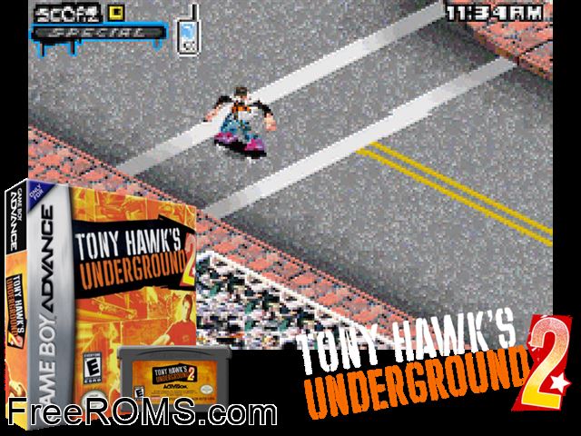 Tony Hawk's Underground 2 Gameboy Advance game showing 3D box cover and gameplay screenshot
