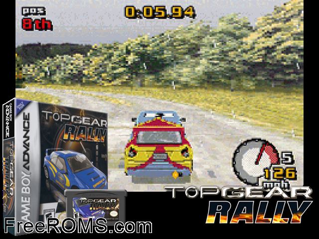 Top Gear Rally Gameboy Advance game showing 3D box cover and gameplay screenshot
