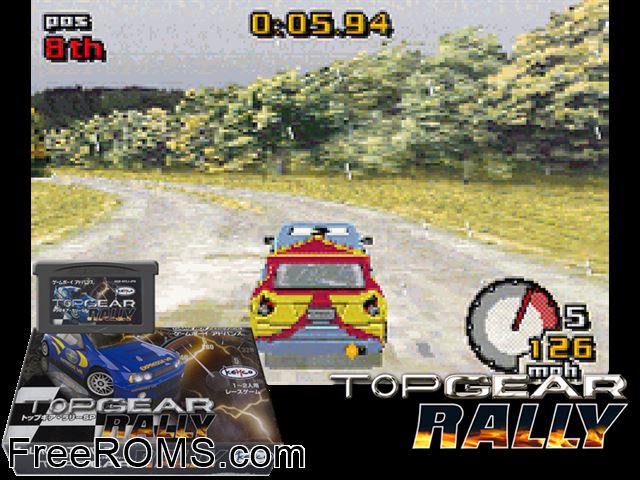 Top Gear Rally (Japan) Gameboy Advance game showing 3D box cover and gameplay screenshot