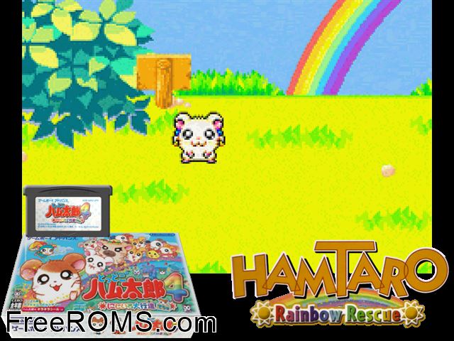 Tottoko Hamutarou 4 - Nijiiro Daikoushin Dechu (Japan) Gameboy Advance game showing 3D box cover and gameplay screenshot