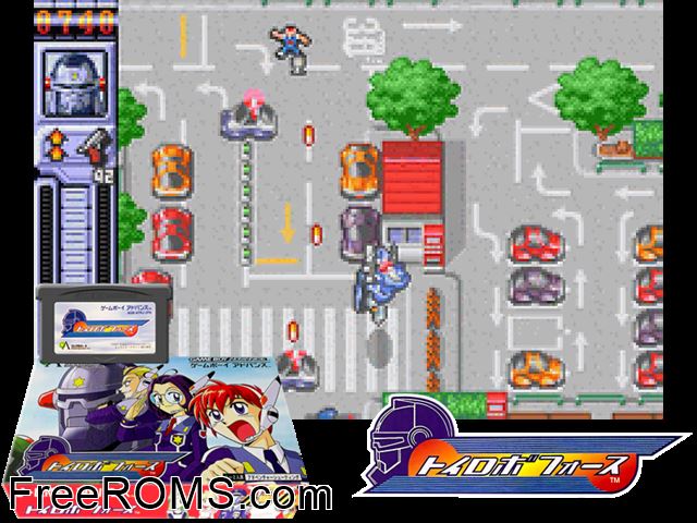 Toyrobo Force (Japan) Gameboy Advance game showing 3D box cover and gameplay screenshot