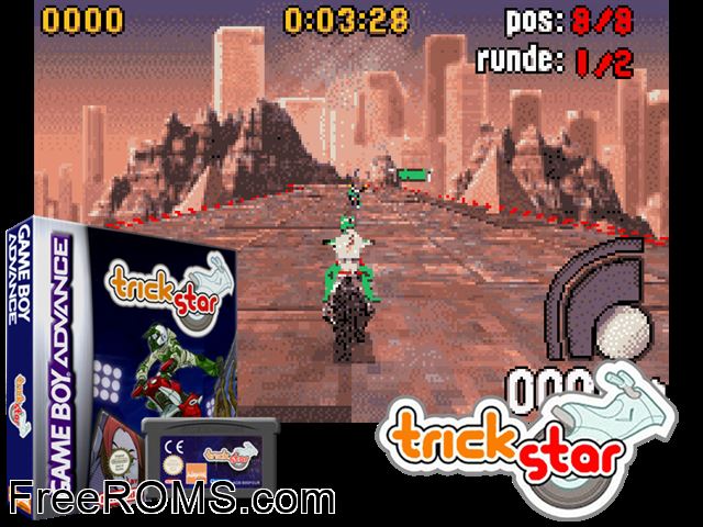 Trickstar Gameboy Advance game showing 3D box cover and gameplay screenshot