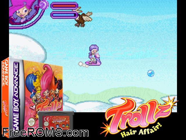 Trollz Hair Affair Gameboy Advance game showing 3D box cover and gameplay screenshot