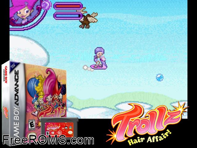 Trollz - Hair Affair! Gameboy Advance game showing 3D box cover and gameplay screenshot