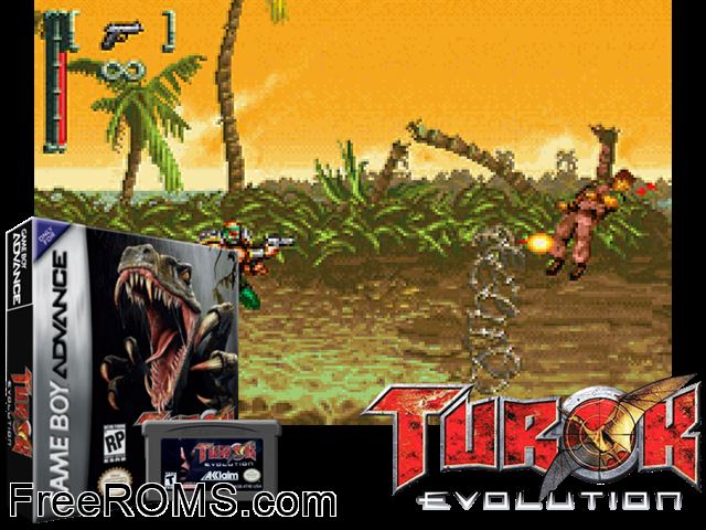 Turok Evolution Gameboy Advance game showing 3D box cover and gameplay screenshot