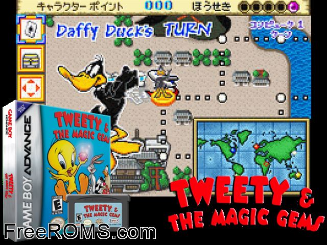 Tweety And The Magic Gems Gameboy Advance game showing 3D box cover and gameplay screenshot