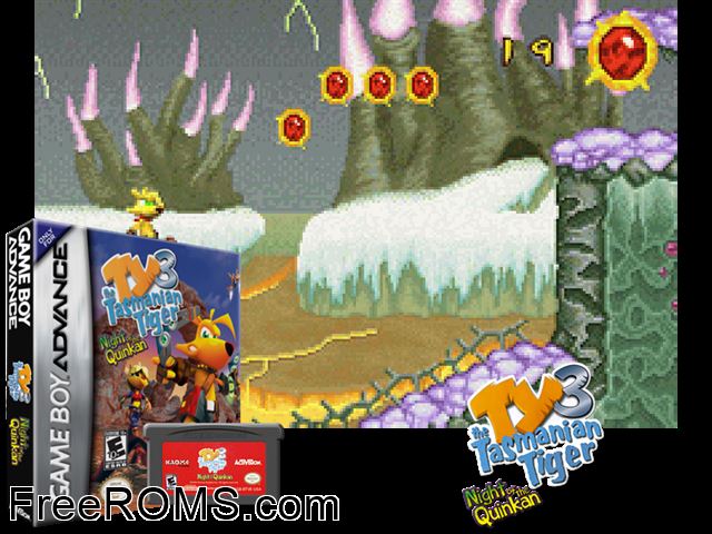Ty The Tasmanian Tiger 3 - Night Of The Quinkan Gameboy Advance game showing 3D box cover and gameplay screenshot
