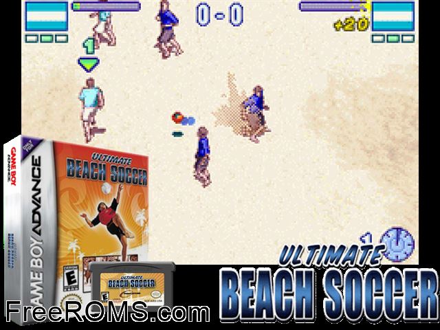 Ultimate Beach Soccer Gameboy Advance game showing 3D box cover and gameplay screenshot