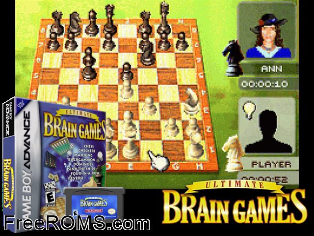 Ultimate Brain Games Gameboy Advance game showing 3D box cover and gameplay screenshot