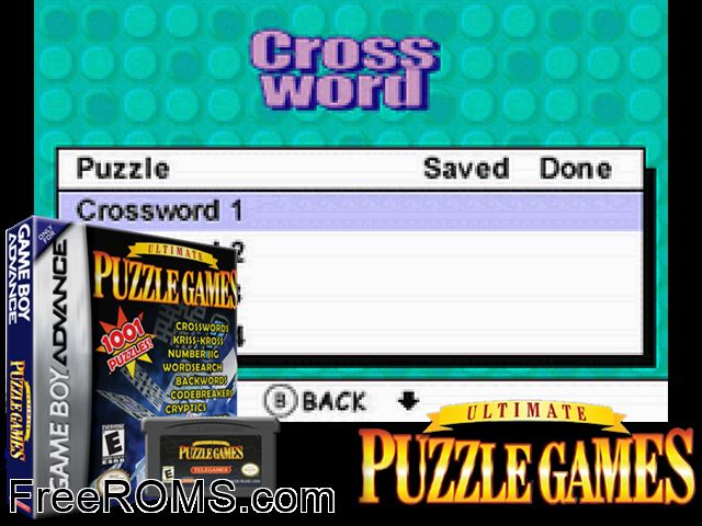 Ultimate Puzzle Games Gameboy Advance game showing 3D box cover and gameplay screenshot