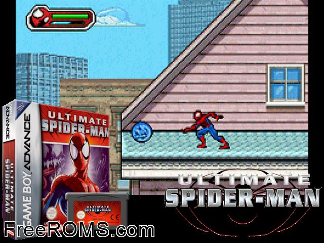Ultimate Spider-Man Gameboy Advance game showing 3D box cover and gameplay screenshot