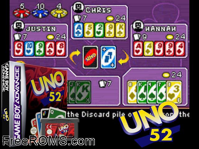 Uno 52 Gameboy Advance game showing 3D box cover and gameplay screenshot