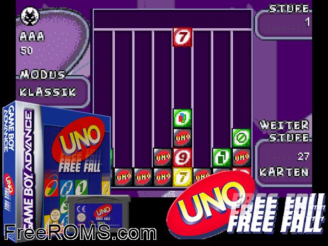 Uno Free Fall Gameboy Advance game showing 3D box cover and gameplay screenshot
