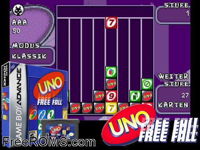 Uno Freefall Gameboy Advance game showing 3D box cover and gameplay screenshot