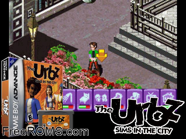 Urbz, The - Sims In The City Gameboy Advance game showing 3D box cover and gameplay screenshot