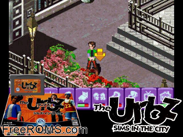 Urbz, The - Sims In The City (Japan) Gameboy Advance game showing 3D box cover and gameplay screenshot