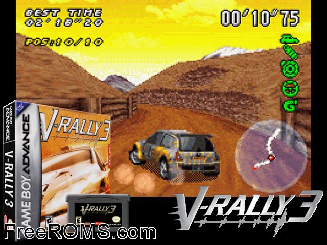 V-Rally 3 Gameboy Advance game showing 3D box cover and gameplay screenshot