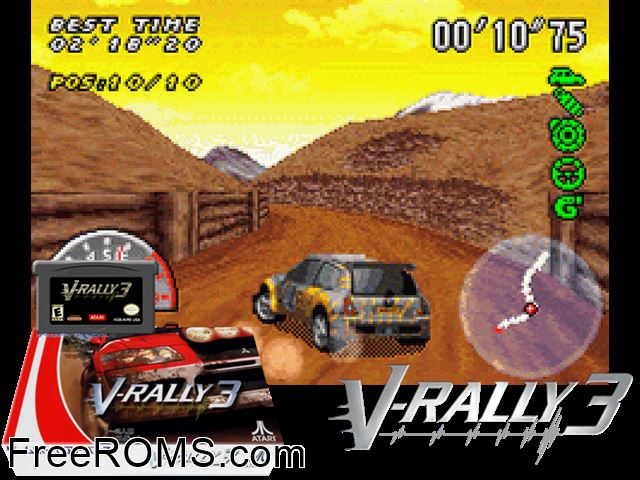 V-Rally 3 (Japan) Gameboy Advance game showing 3D box cover and gameplay screenshot