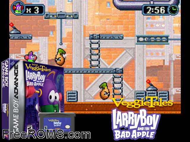 Veggietales - Larryboy And The Bad Apple Gameboy Advance game showing 3D box cover and gameplay screenshot