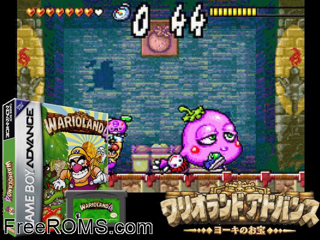 Wario Land 4 Gameboy Advance game showing 3D box cover and gameplay screenshot