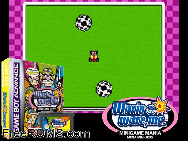 Warioware, Inc. Minigame Mania Gameboy Advance game showing 3D box cover and gameplay screenshot