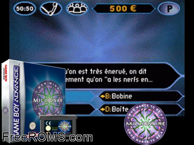 Wer Wird Millionaer (Germany) Gameboy Advance game showing 3D box cover and gameplay screenshot