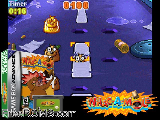 Whac-A-Mole Gameboy Advance game showing 3D box cover and gameplay screenshot