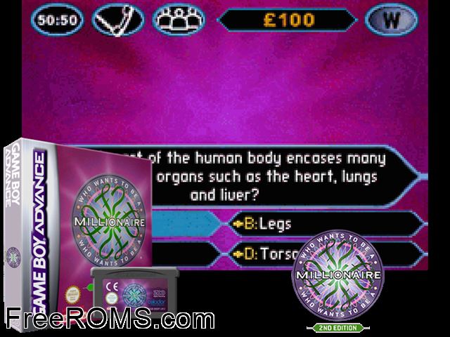 Who Wants To Be A Millionaire - 2nd Edition Gameboy Advance game showing 3D box cover and gameplay screenshot