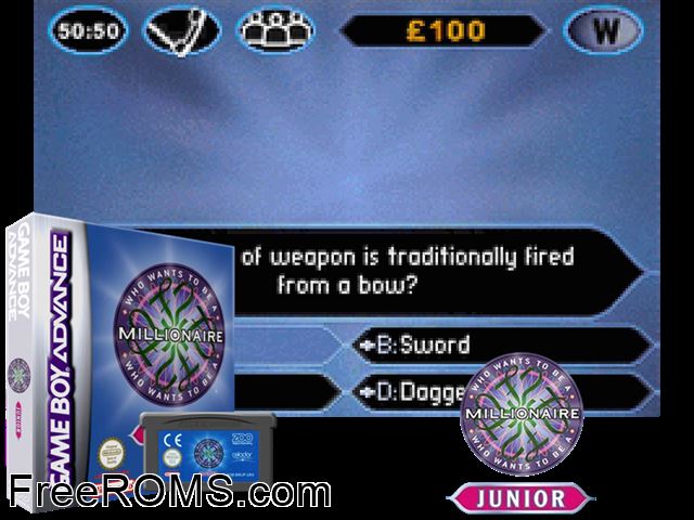 Who Wants To Be A Millionaire - Junior Gameboy Advance game showing 3D box cover and gameplay screenshot