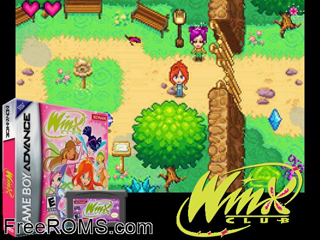 Winx Club Gameboy Advance game showing 3D box cover and gameplay screenshot