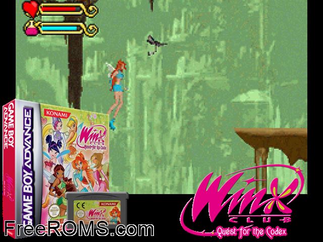Winx Club - Quest For The Codex Gameboy Advance game showing 3D box cover and gameplay screenshot