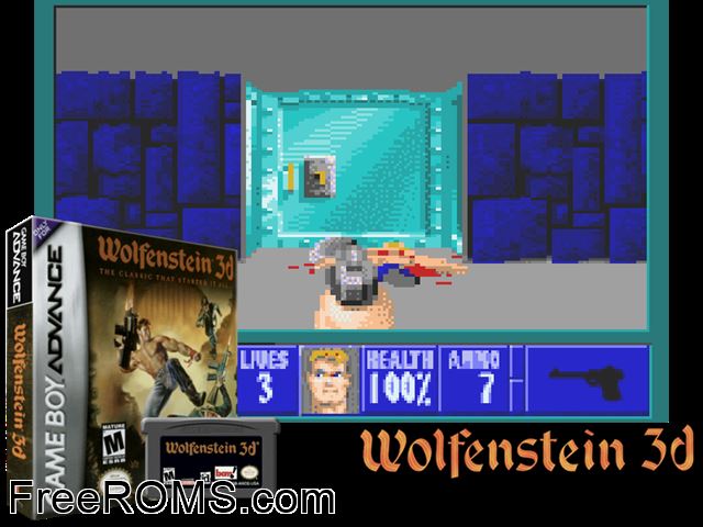 Wolfenstein 3d Gameboy Advance game showing 3D box cover and gameplay screenshot