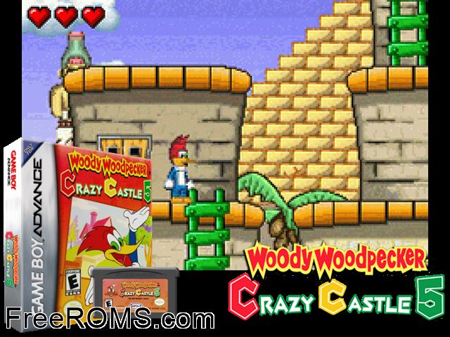 Woody Woodpecker In Crazy Castle 5 Gameboy Advance game showing 3D box cover and gameplay screenshot