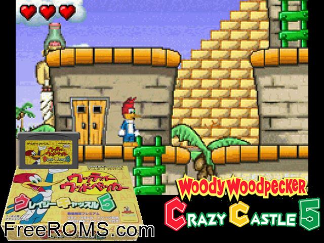 Woody Woodpecker - Crazy Castle 5 (Japan) Gameboy Advance game showing 3D box cover and gameplay screenshot