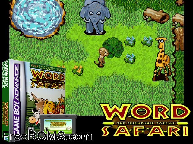 Word Safari - The Friendship Totems Gameboy Advance game showing 3D box cover and gameplay screenshot