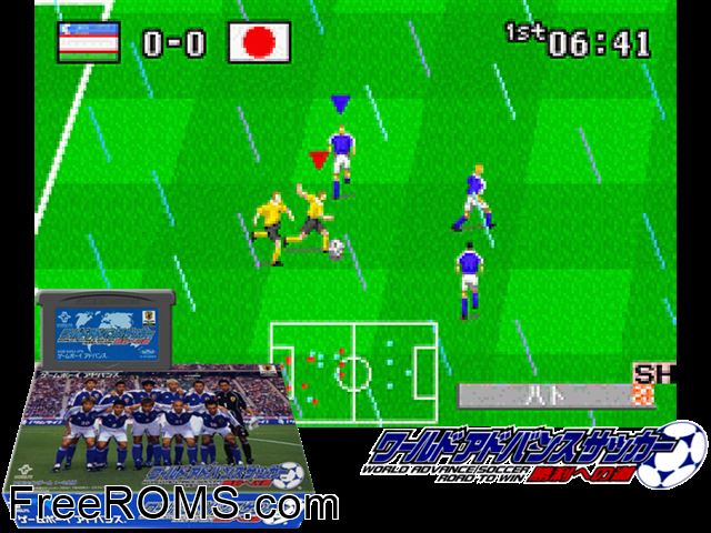 World Advance Soccer - Shouri Heno Michi (Japan) Gameboy Advance game showing 3D box cover and gameplay screenshot
