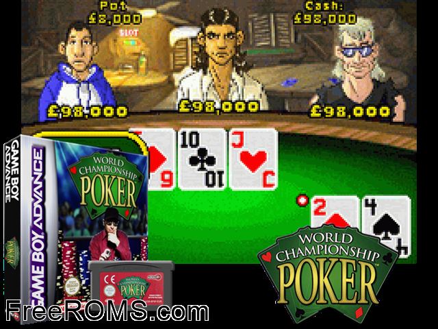 World Championship Poker Gameboy Advance game showing 3D box cover and gameplay screenshot