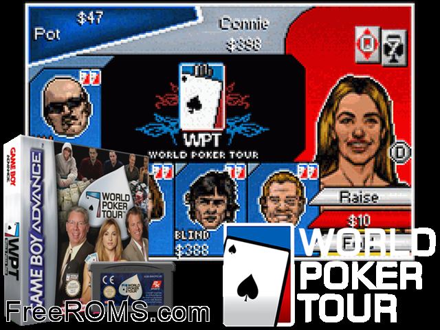 World Poker Tour Gameboy Advance game showing 3D box cover and gameplay screenshot