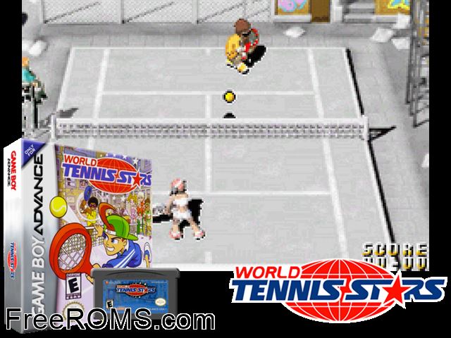 World Tennis Stars Gameboy Advance game showing 3D box cover and gameplay screenshot