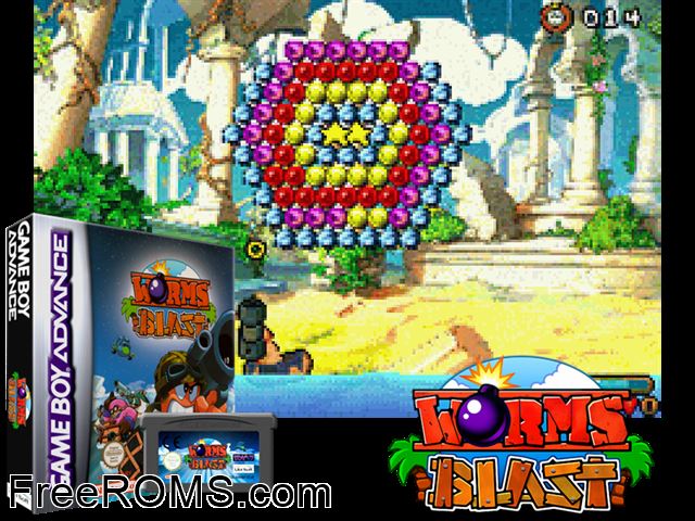 Worms Blast Gameboy Advance game showing 3D box cover and gameplay screenshot