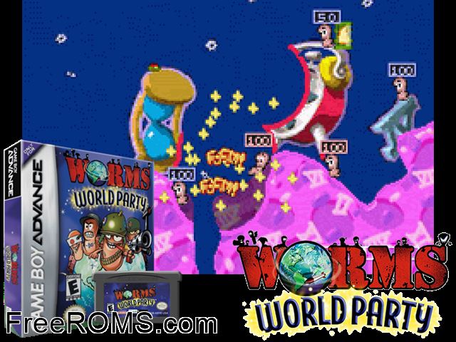 Worms World Party Gameboy Advance game showing 3D box cover and gameplay screenshot