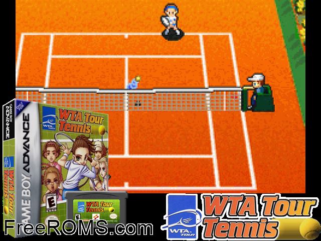 WTA Tour Tennis Gameboy Advance game showing 3D box cover and gameplay screenshot