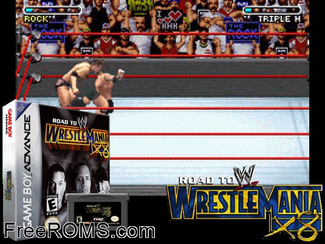 WWE - Road To Wrestlemania X8 Gameboy Advance game showing 3D box cover and gameplay screenshot