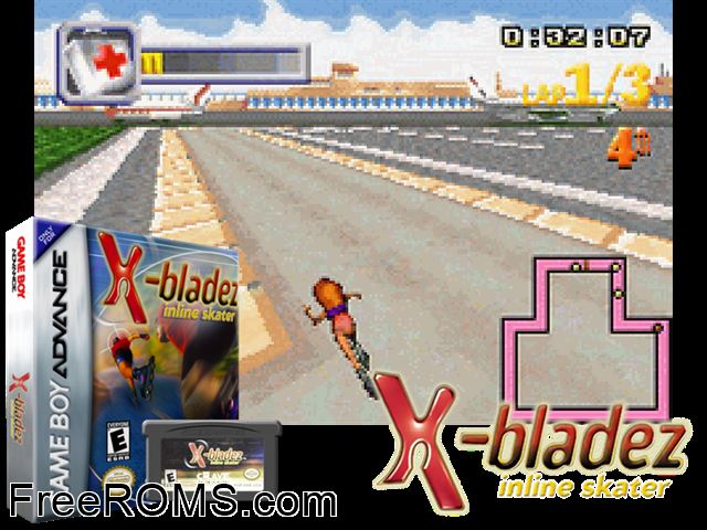 X-Bladez - Inline Skater Gameboy Advance game showing 3D box cover and gameplay screenshot