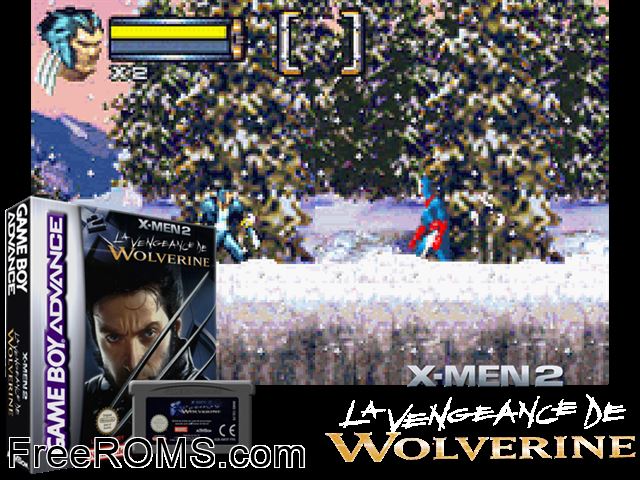 X-Men 2 - La Vengeance De Wolverine (France) Gameboy Advance game showing 3D box cover and gameplay screenshot