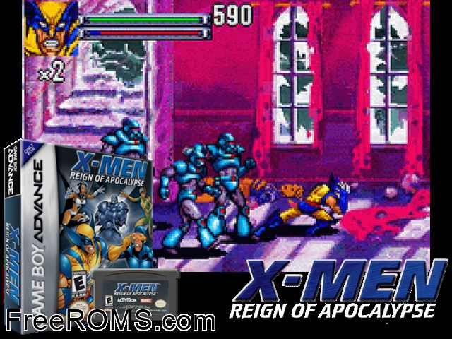 X-Men - Reign Of Apocalypse Gameboy Advance game showing 3D box cover and gameplay screenshot